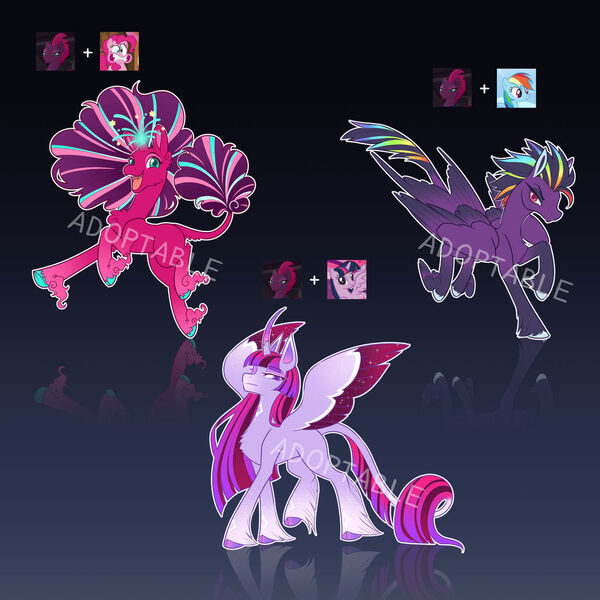 Size: 1024x1024 | Tagged: safe, artist:12irinchan, derpibooru import, pinkie pie, rainbow dash, tempest shadow, twilight sparkle, oc, alicorn, classical unicorn, pegasus, unicorn, adoptable, alicorn oc, broken horn, chest fluff, cloven hooves, colored pupils, colored wings, feathered fetlocks, gradient background, gradient mane, gradient wings, horn, image, jpeg, leonine tail, magical lesbian spawn, missing cutie mark, offspring, parent:pinkie pie, parent:rainbow dash, parent:tempest shadow, parent:twilight sparkle, parents:tempestdash, parents:tempestlight, parents:tempestpie, pegasus oc, reflection, screencap reference, tail, tail feathers, unicorn oc, unshorn fetlocks, wings