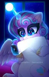 Size: 1287x2000 | Tagged: safe, artist:taiweiart, derpibooru import, princess flurry heart, alicorn, pony, female, heart, heart eyes, image, magic, mobile phone, night, older, older flurry heart, phone, pillow, png, solo, telekinesis, wingding eyes