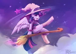 Size: 2811x2000 | Tagged: suggestive, artist:hitbass, derpibooru import, twilight sparkle, twilight sparkle (alicorn), alicorn, pony, broom, flying, flying broomstick, hat, image, png, solo, witch hat