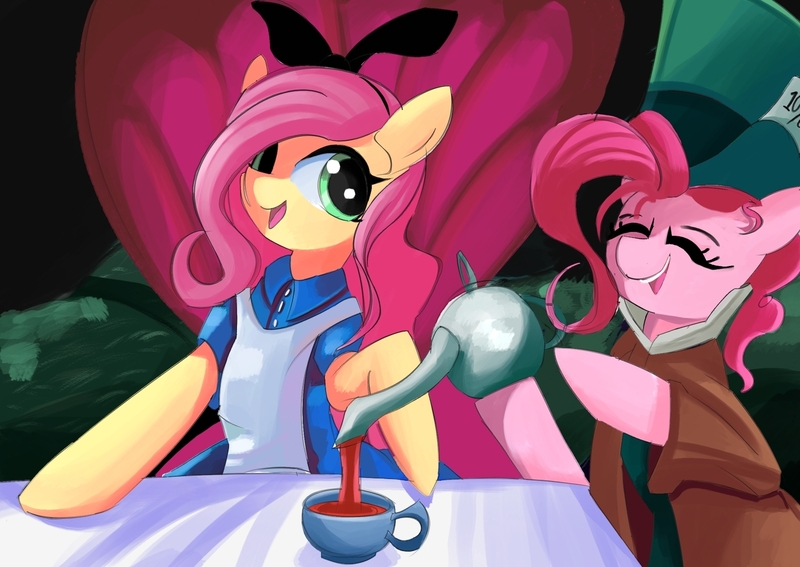 Size: 1411x1000 | Tagged: safe, artist:solid shrimp, derpibooru import, fluttershy, pinkie pie, earth pony, pegasus, pony, alice, alice in wonderland, bow, clothes, dress, female, food, hair bow, hat, image, jpeg, mad hatter, mare, pinktober, tea, tea party, top hat