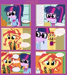 Size: 1808x2039 | Tagged: safe, artist:thomaszoey3000, derpibooru import, sci-twi, sunset shimmer, twilight sparkle, human, comic:a shimmering twilight, equestria girls, clothes, comic, female, geode, image, lesbian, letter, png, scitwishimmer, shipping, sunsetsparkle