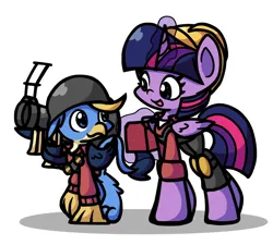 Size: 1520x1371 | Tagged: safe, artist:derp pone, derpibooru import, gallus, twilight sparkle, twilight sparkle (alicorn), alicorn, gryphon, pony, clothes, cute, duo, engineer, helmet, image, looking at each other, looking at someone, png, rocket launcher, simple background, smiling, soldier, team fortress 2, video game, weapon