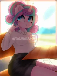 Size: 1500x2000 | Tagged: safe, artist:taiweiart, derpibooru import, princess flurry heart, alicorn, anthro, clothes, crystal empire, desk, ear fluff, image, jpeg, obtrusive watermark, older, older flurry heart, school, shirt, skirt, solo, watermark, wingless, wingless alicorn, wingless anthro