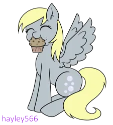 Size: 2121x2355 | Tagged: safe, artist:hayley566, derpibooru import, derpy hooves, pegasus, pony, cute, eyes closed, female, food, image, mouth hold, muffin, png, simple background, that pony sure does love muffins, transparent background