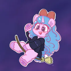 Size: 1936x1936 | Tagged: safe, artist:limitmj, derpibooru import, izzy moonbow, pony, unicorn, broom, clothes, crossover, dark background, female, g5, image, kiki, kiki's delivery service, mare, png, solo, unshorn fetlocks, witch, witch costume