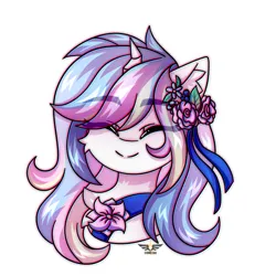 Size: 2500x2500 | Tagged: safe, artist:leah minik, derpibooru import, oc, oc:lorelei, unofficial characters only, pony, unicorn, bust, chest fluff, commission, cute, eye clipping through hair, eyebrows, eyebrows visible through hair, eyes closed, female, flower, flower in hair, full face view, hairpin, happy, horn, image, mare, multicolored mane, png, portrait, simple background, smiling, solo, unicorn oc, white background, ych result