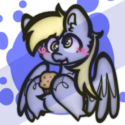 Size: 2048x2048 | Tagged: safe, artist:salzinhaowo, derpibooru import, derpy hooves, pegasus, pony, cute, female, food, high res, image, mare, muffin, open mouth, png, smiling, solo, that pony sure does love muffins