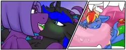Size: 7000x2800 | Tagged: suggestive, artist:noblebrony317, derpibooru import, oc, oc:ashaka, oc:draco flames, oc:sythos, changeling, dracony, dragon, hybrid, lamia, original species, blushing, changeling oc, claws, cutie mark theft, dragon oc, enjoying, fangs, fetish, french kiss, green blush, green tongue, happy, image, internal, kissing, long tail, long tongue, lovers, making out, maw, mawplay, mawshot, non-pony oc, open mouth, png, tail, tongue out, tongue play, tongue wrap, vore, vore snowballing, wings