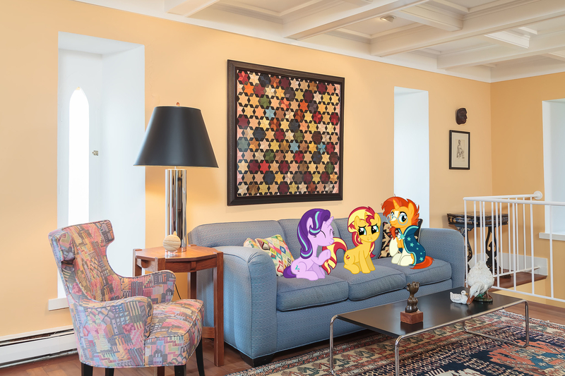 Size: 2048x1365 | Tagged: safe, artist:davidsfire, artist:pink1ejack, artist:slb94, derpibooru import, starlight glimmer, sunburst, sunset shimmer, pony, unicorn, blaze (coat marking), chair, cloak, clothes, coat markings, couch, facial markings, female, glasses, image, irl, jpeg, living room, male, mare, pennsylvania, philadelphia, photo, ponies in real life, sitting, socks (coat marking), stallion, sunburst's cloak, sunburst's glasses, trio