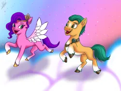 Size: 1024x768 | Tagged: safe, artist:amandascxd, derpibooru import, hitch trailblazer, pipp petals, earth pony, pegasus, pony, duo, female, g5, image, male, png