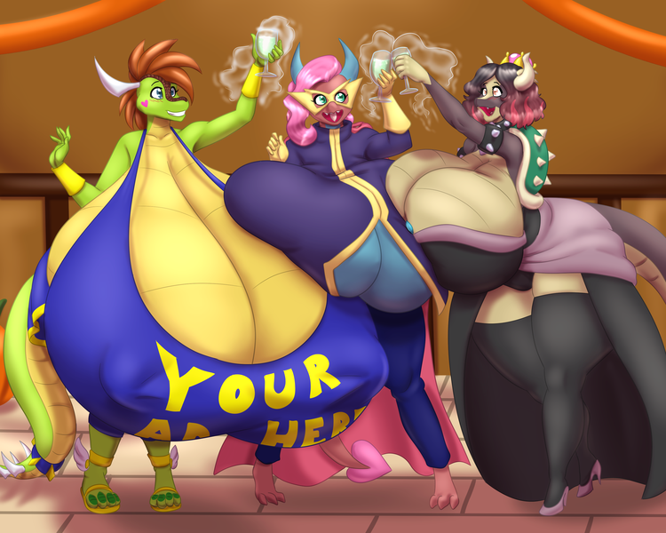 Size: 3000x2400 | Tagged: questionable, artist:blues64, artist:marauder6272, derpibooru import, flashfire, mina, oc, oc:angela, oc:ruby, anthro, dragon, series:bountyverse, big breasts, blimp, bowsette, breast squish, breasts, busty mina, busty oc, cleavage, clothes, collaboration, commission, costume, crown, dragoness, drink, drinking glass, erect nipples, female, females only, gloves, high heels, horns, huge breasts, hyper, hyper breasts, image, impossibly large breasts, jewelry, mask, nature's bounty nightmare night party, nightmare night, nipple outline, png, regalia, sandals, shoes, wings