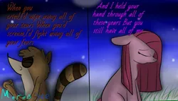 Size: 640x365 | Tagged: safe, artist:mordorigs, derpibooru import, pinkie pie, earth pony, pony, raccoon, crossover, crossover shipping, evanescence, eyes closed, female, image, jpeg, male, mare, regular show, rigby, rigbypie, shipping, straight, subverted meme, text