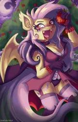 Size: 826x1280 | Tagged: suggestive, artist:macintalk, derpibooru import, fluttershy, anthro, bat pony, apple, apple tree, bat ponified, bat wings, breasts, busty fluttershy, cleavage, fangs, female, flutterbat, food, image, jpeg, race swap, solo, solo female, tree, wings