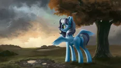 Size: 4000x2250 | Tagged: safe, artist:flusanix, derpibooru import, oc, oc:buffonsmash, unofficial characters only, pegasus, pony, autumn, butt, commission, digital art, eye lashes, female, field, grass, grass field, green eyes, grey skies, image, leaves, lightning, looking away, mare, painting, plot, png, rain, rule 63, scenery, solo, spread wings, stormy, thunder, tree, wings, ych example, ych result, your character here