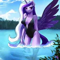 Size: 512x512 | Tagged: suggestive, derpibooru import, machine learning generated, purplesmart.ai, stable diffusion, oc, oc:asteria violet, oc:princess asteria, alicorn, anthro, pony, breasts, clothes, colored wings, female, image, light purple coat, long hair, long mane, mare, multicolored wings, not cadance, not twilight sparkle, png, purple eyes, purple mane, swimsuit, violet mane, wings