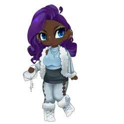 Size: 4000x4000 | Tagged: safe, artist:altarichiru, derpibooru import, rarity, human, alternate hairstyle, boots, breasts, chibi, clothes, coat, cute, dark skin, ear piercing, earring, eyeshadow, female, fur coat, humanized, image, jewelry, leggings, makeup, necklace, piercing, png, purse, raribetes, shoes, simple background, skirt, sleeveless, sleeveless sweater, solo, sweater, transparent background, winter