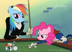 Size: 597x427 | Tagged: safe, artist:datbrass, artist:dipi11, derpibooru import, edit, edited screencap, screencap, pinkie pie, rainbow dash, bird, buzzard, earth pony, pegasus, pony, ball, boomerang, buzz buzzard, concentrating, crossover, cue ball, cue the pool shark, cute, dashabetes, diapinkes, duo, female, g4, image, indoors, mare, png, pool cue, pool table, the new woody woodpecker show, woodpecker, woody woodpecker, woody woodpecker (series)