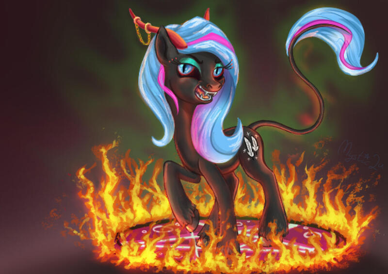 Size: 1280x904 | Tagged: safe, artist:mystic2u, derpibooru import, oc, oc:scribbler, demon, demon pony, original species, pony, demon horns, fangs, female, fire, horns, image, jewelry, jpeg, magic, magic circle, smiling, smoke, solo, solo female, summoning circle