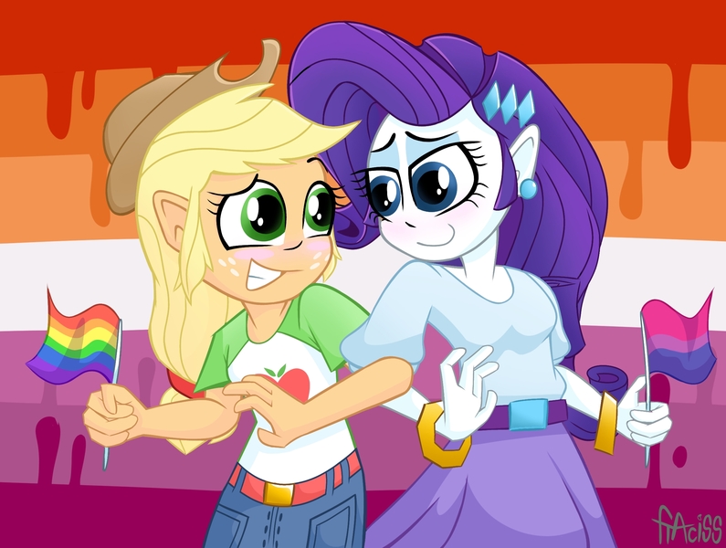 Size: 2280x1720 | Tagged: safe, artist:fraciss, derpibooru import, applejack, rarity, equestria girls, blushing, duo, female, image, jpeg, lesbian, pride flag