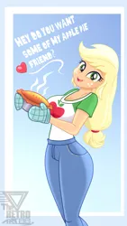 Size: 1992x3531 | Tagged: safe, artist:theretroart88, derpibooru import, applejack, equestria girls, 2022, apple, apple pie, applejack day, bronybait, clothes, cute, food, freckles, high res, image, jackabetes, looking at you, open mouth, pants, pie, png, talking to viewer