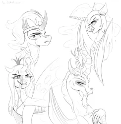 Size: 1960x2010 | Tagged: safe, artist:ie nebulizer, derpibooru import, discord, king sombra, nightmare moon, queen chrysalis, alicorn, changeling, draconequus, pony, unicorn, female, image, male, mare, png, sketch, stallion