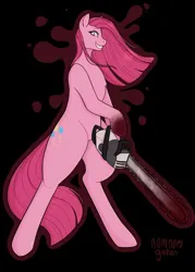 Size: 640x894 | Tagged: semi-grimdark, artist:nomnomgator, derpibooru import, pinkie pie, earth pony, pony, fanfic:cupcakes, bipedal, black background, blood, chainsaw, creepypasta, female, image, jpeg, mare, pinkamena diane pie, reddit, signature, simple background, solo