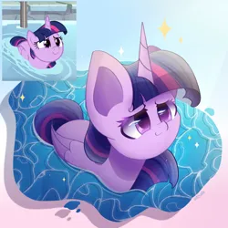 Size: 2400x2400 | Tagged: safe, artist:miryelis, derpibooru import, screencap, twilight sparkle, twilight sparkle (alicorn), alicorn, pony, deep tissue memories, spoiler:deep tissue memories, big ears, horn, image, impossibly large ears, png, scene interpretation, screencap reference, simple background, smiling, solo, sparkles, swimming, water