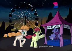 Size: 3496x2480 | Tagged: safe, derpibooru import, bright mac, pear butter, the perfect pear, autumn, brightbutter, carnival, female, ferris wheel, image, male, png, shipping, straight, sunset