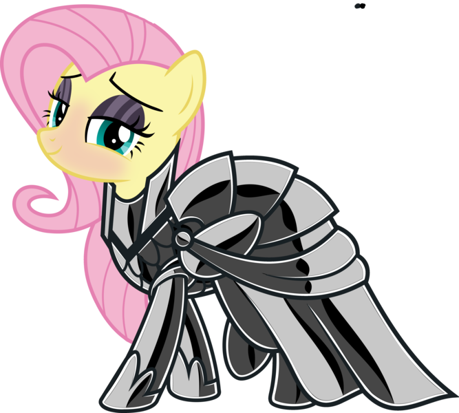 Size: 5086x4576 | Tagged: source needed, safe, artist:severity-gray, fluttershy, pegasus, pony, armor, black eyeshadow, blushing, eyeshadow, female, green eyes, hoof shoes, image, latex, latex dress, looking at you, makeup, mare, pink mane, png, raised leg, show accurate, side view, simple background, smiling, smiling at you, solo, solo female, transparent background, yellow coat