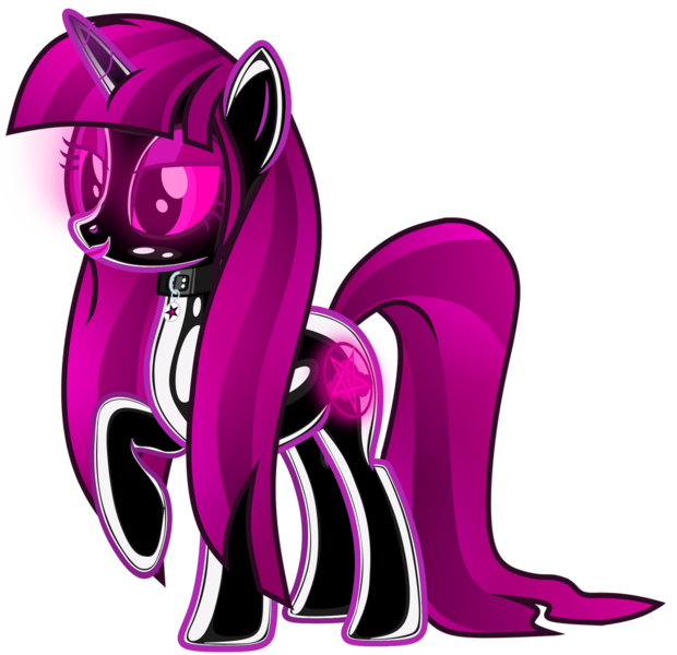 Size: 1024x991 | Tagged: oc name needed, source needed, safe, artist:severity-gray, oc, unofficial characters only, pony, unicorn, collar, cutie mark, cutie mark accessory, cutie mark collar, eyeshadow, female, glowing cutie mark, glowing eyes, image, latex, latex suit, lipstick, looking forward, makeup, mare, pet tag, pink eyes, pink eyeshadow, pink lipstick, pink mane, pink tail, png, raised hoof, side view, simple background, solo, solo female, transparent background, two toned mane, two toned tail