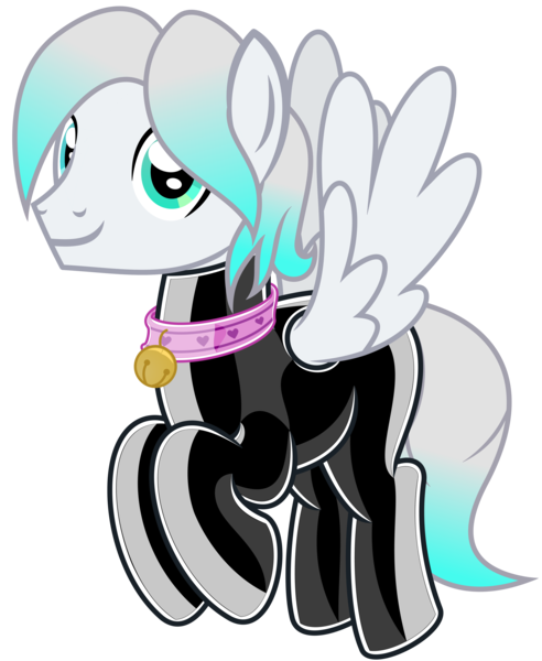Size: 4251x5188 | Tagged: source needed, safe, artist:severity-gray, oc, oc:cold front, unofficial characters only, pegasus, pony, bell, bell collar, collar, flying, gradient mane, gradient tail, green eyes, image, latex, latex suit, looking at you, male, png, show accurate, side view, simple background, smiling, smiling at you, solo, solo male, spread wings, stallion, transparent background, white coat, wings