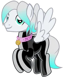 Size: 4251x5188 | Tagged: source needed, safe, artist:severity-gray, oc, oc:cold front, unofficial characters only, pegasus, pony, bell, bell collar, collar, flying, gradient mane, gradient tail, green eyes, image, latex, latex suit, looking at you, male, png, show accurate, side view, simple background, smiling, smiling at you, solo, solo male, spread wings, stallion, transparent background, white coat, wings