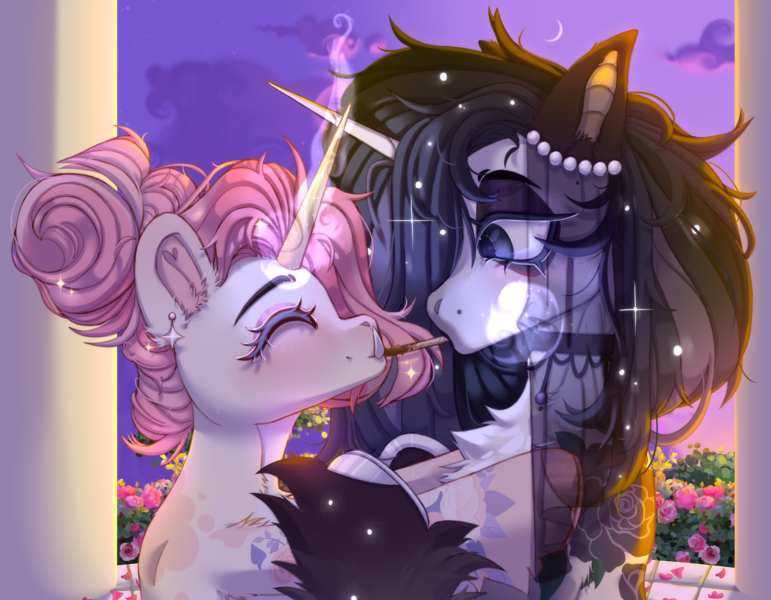 Size: 3600x2800 | Tagged: safe, artist:medkit, derpibooru import, oc, unofficial characters only, pony, unicorn, blushing, cloud, collar, couple, crescent moon, duo, ear piercing, earring, fangs, female, flower, food, high res, horn, image, jewelry, long horn, male, moon, paint tool sai 2, pavilion, petals, piercing, png, pocky, rose, rose garden, sketch, sky, smiling, stallion, stars, sunset, tattoo, tree