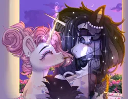 Size: 3600x2800 | Tagged: safe, artist:medkit, derpibooru import, oc, unofficial characters only, pony, unicorn, blushing, cloud, collar, couple, crescent moon, duo, ear piercing, earring, fangs, female, flower, food, high res, horn, image, jewelry, long horn, male, moon, paint tool sai 2, pavilion, petals, piercing, png, pocky, rose, rose garden, sketch, sky, smiling, stallion, stars, sunset, tattoo, tree