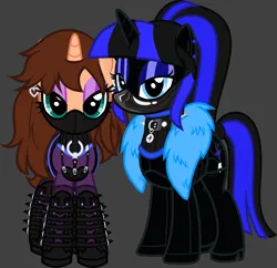 Size: 1292x1250 | Tagged: artist needed, source needed, safe, oc, oc:chloe adore, oc:coldlight bluestar, unofficial characters only, pony, unicorn, blue eyeshadow, boots, brown coat, brown mane, catsuit, collar, cutie mark, cutie mark accessory, cutie mark collar, duo, duo female, ear piercing, eyeshadow, face mask, female, garter belt, gray background, harness, image, latex mask, lidded eyes, looking at you, makeup, mare, pet tag, piercing, pink eyeshadow, png, posture collar, shoes, simple background, spiked collar, tack, two toned mane, two toned tail