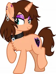 Size: 1536x2046 | Tagged: source needed, safe, artist:applec1234, oc, oc:chloe adore, unofficial characters only, pony, unicorn, brown coat, brown mane, brown tail, chest fluff, collar, cutie mark, cutie mark accessory, ear piercing, eyeshadow, female, green eyes, head turn, image, jpeg, looking to the left, makeup, mare, piercing, purple eyeshadow, raised hoof, raised leg, side view, sideways glance, simple background, smiling, solo, solo female, white background