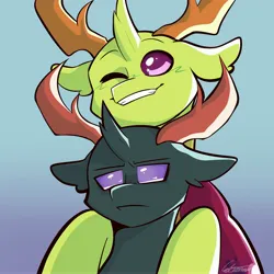 Size: 4000x4000 | Tagged: safe, artist:paintedsnek, derpibooru import, pharynx, thorax, changedling, changeling, brothers, commissioner:navelcolt, cute, image, jpeg, king thorax, male, piggyback ride, pony hat, prince pharynx, siblings, thorabetes, unamused