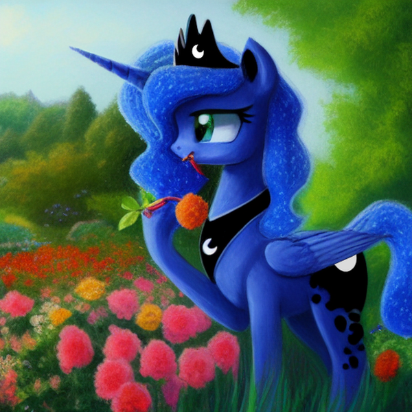 Size: 1024x1024 | Tagged: safe, derpibooru import, editor:dovakkins, machine learning generated, prompter:dovakkins, purplesmart.ai, stable diffusion, princess luna, alicorn, pony, cute, eating, female, flower, flower field, flower in mouth, garden, image, jewelry, mouth hold, nom, png, regalia, solo