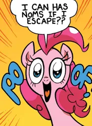 Size: 588x806 | Tagged: safe, artist:brendahickey, derpibooru import, idw, pinkie pie, earth pony, pony, friends forever, spoiler:comic, cute, dialogue, diapinkes, female, g4, image, jpeg, mare, onomatopoeia, solo, speech bubble