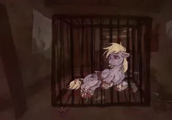 Size: 2388x1668 | Tagged: grimdark, artist:soudooku, derpibooru import, derpy hooves, pegasus, pony, abuse, amputation, bandage, barn, cage, crying, derpybuse, image, imminent death, png, solo