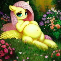 Size: 1024x1024 | Tagged: suggestive, derpibooru import, machine learning generated, fluttershy, pegasus, pony, belly, big belly, flower, garden, grass, hooves on belly, image, png, preggoshy, pregnant, sitting, smiling, solo, wings
