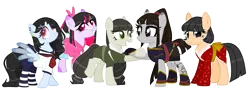Size: 3865x1388 | Tagged: safe, artist:kellysweet1, derpibooru import, oc, oc:anime-chan, oc:hanako, oc:hera-chan, oc:ohasu, oc:sawa (ice1517), unofficial characters only, earth pony, pegasus, pony, armor, belt, boots, clothes, commission, ear piercing, earring, eye scar, eyeshadow, facial scar, female, grin, holding hooves, hoodie, image, jewelry, katana, kimono (clothing), lesbian, looking at each other, looking at someone, makeup, mare, oc x oc, ohasusawa, older, open mouth, piercing, png, ponytail, raised hoof, raised leg, scar, school uniform, shipping, shirt, shoes, simple background, skirt, smiling, socks, striped socks, sword, tattoo, transparent background, weapon