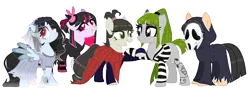 Size: 3865x1388 | Tagged: safe, artist:kellysweet1, derpibooru import, oc, oc:anime-chan, oc:hanako, oc:hera-chan, oc:ohasu, oc:sawa (ice1517), unofficial characters only, earth pony, pegasus, pony, skeleton pony, alternate hairstyle, beetlejuice, bone, clothes, commission, corpse bride, cosplay, costume, crossover, dress, ear piercing, earring, emily, eye scar, eyeshadow, facial scar, female, ghostface, grin, halloween, halloween costume, hat, holding hooves, holiday, image, jewelry, lesbian, looking at each other, looking at someone, lydia deetz, makeup, mare, mask, oc x oc, ohasusawa, older, open mouth, piercing, png, ponytail, raised hoof, raised leg, robe, scar, scream (movie), shipping, shirt, simple background, skeleton, smiling, socks, striped socks, tattoo, transparent background, wedding dress, witch, witch costume, witch hat