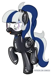 Size: 3173x4700 | Tagged: source needed, safe, artist:jennieoo, oc, unofficial characters only, pegasus, pony, blue eyeshadow, collar, eyeshadow, female, folded wings, goggles, hair tie, image, latex, latex mask, latex suit, looking left, makeup, mare, open smile, patreon, png, ponytail, purple eyes, raised hoof, raised leg, simple background, smiling, solo, solo female, standing, transparent background, two toned mane, two toned tail, url, white coat, wings