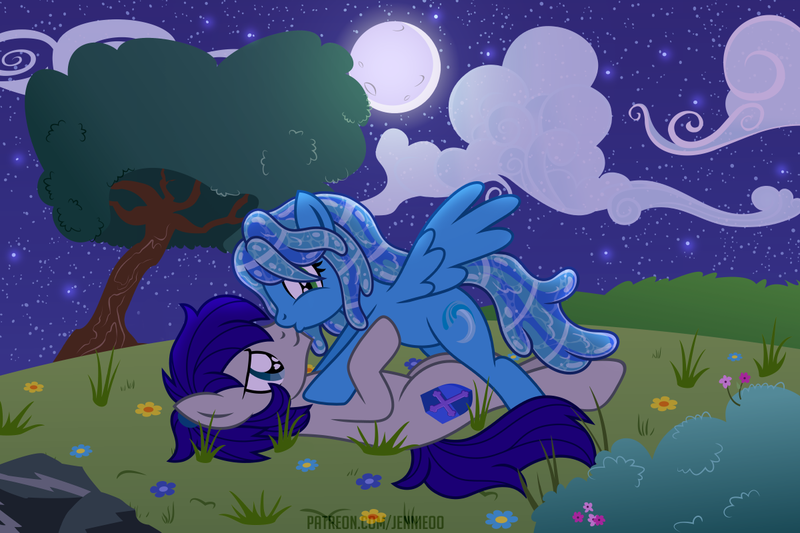 Size: 1200x800 | Tagged: safe, artist:jennieoo, derpibooru import, oc, oc:maverick, oc:ocean soul, earth pony, pegasus, pony, cloud, couple, full moon, image, kissing, lovers, moon, night, nose kiss, on top, png, show accurate, spread wings, story, story included, tree, vector, wings