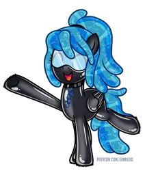 Size: 3683x4343 | Tagged: source needed, safe, artist:jennieoo, oc, unofficial characters only, goo, goo pony, original species, pegasus, pony, blue coat, blue mane, blue tail, collar, eyes closed, female, folded wings, goggles, image, latex, latex mask, latex suit, mare, open smile, patreon, png, raised hoof, raised leg, simple background, smiling, solo, solo female, standing, transparent background, url, wings