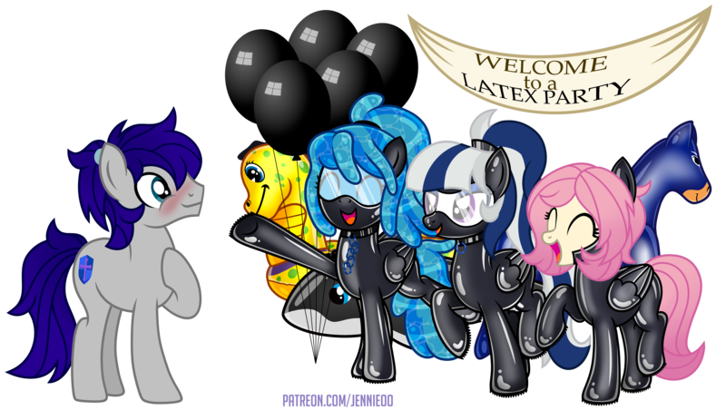Size: 4920x2780 | Tagged: source needed, safe, artist:jennieoo, oc, unofficial characters only, earth pony, goo, goo pony, original species, pegasus, pony, balloon, banner, blue coat, blue eyeshadow, blue mane, blue tail, blushing, collar, eyes closed, eyeshadow, female, folded wings, goggles, gray coat, group, hair tie, hoof on chest, image, inflatable toy, latex, latex mask, latex suit, looking at each other, looking left, makeup, male, mare, open smile, party, patreon, pink mane, pink tail, png, ponytail, purple eyes, raised hoof, raised leg, side view, simple background, smiling, stallion, standing, transparent background, two toned mane, two toned tail, url, white coat, wings, yellow coat