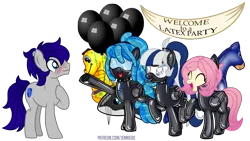 Size: 4920x2780 | Tagged: source needed, safe, artist:jennieoo, oc, unofficial characters only, earth pony, goo, goo pony, original species, pegasus, pony, balloon, banner, blue coat, blue eyeshadow, blue mane, blue tail, blushing, collar, eyes closed, eyeshadow, female, folded wings, goggles, gray coat, group, hair tie, hoof on chest, image, inflatable toy, latex, latex mask, latex suit, looking at each other, looking left, makeup, male, mare, open smile, party, patreon, pink mane, pink tail, png, ponytail, purple eyes, raised hoof, raised leg, side view, simple background, smiling, stallion, standing, transparent background, two toned mane, two toned tail, url, white coat, wings, yellow coat