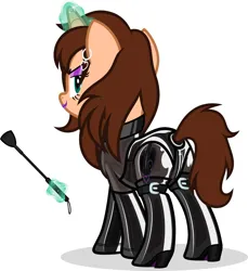 Size: 1500x1634 | Tagged: source needed, suggestive, artist:applec1234, oc, oc:chloe adore, unofficial characters only, pony, unicorn, boots, brown coat, brown mane, brown tail, clothes, collar, corset, cutie mark, dominatrix, ear piercing, evening gloves, eyeshadow, female, furrowed brow, garter belt, gloves, image, latex, latex boots, latex corset, latex gloves, latex suit, lipstick, long gloves, looking at you, looking back, looking back at you, magic, makeup, mare, piercing, png, purple eyeshadow, purple lipstick, rear view, riding crop, shoes, simple background, smiling, smiling at you, solo, solo female, telekinesis, white background, zipper