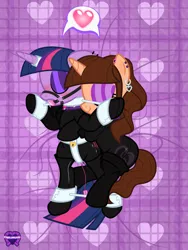 Size: 2250x3000 | Tagged: source needed, suggestive, artist:applec1234, twilight sparkle, oc, oc:chloe adore, pony, unicorn, ballgag, bdsm, blushing, bound arms, bound legs, brown coat, brown mane, brown tail, catsuit, chastity, chastity belt, clothes, collar, cuddling, cuffs, cutie mark accessory, cutie mark collar, duo, duo female, ear piercing, eyes closed, eyeshadow, female, floppy ears, gag, harness gag, heart, heart background, horn, horn ring, hugging a pony, image, lying down, magic suppression, makeup, mare, multicolored mane, multicolored tail, piercing, pink eyeshadow, png, purple coat, purple eyeshadow, ring, sex toy, signature, sleeping, smiling, spooning, spreader bar, stockings, submissive, thigh highs, vibrator, watermark